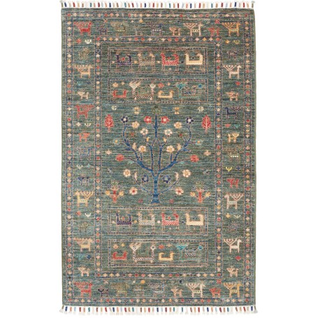 Tappeto Rubin Pakistan Geometrico Verde Petrolio Rosso Matto