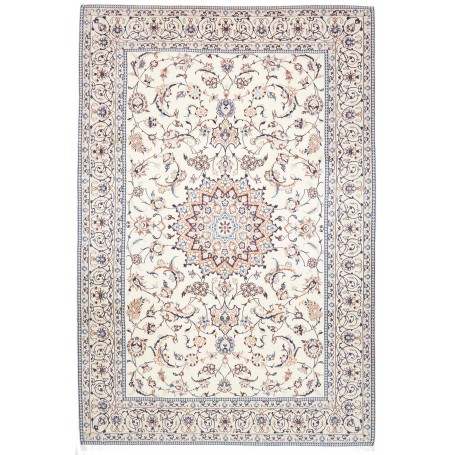 Tappeto Nain 9la Persia Medaglione Avorio Crema Blu Scuro Te