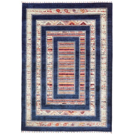 Tappeto Siva Pakistan Astratto Blu Navy Crema Rosso Arancio
