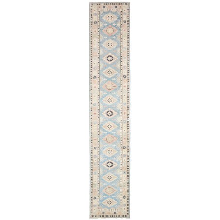 Tappeto Kazak Afghanistan Geometrico Blu Cielo Crema 65x362