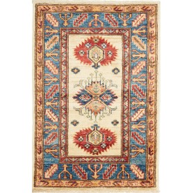 Tappeto Kazak Fine Pakistan Astratto Crema Blu Rosso Ocra 62
