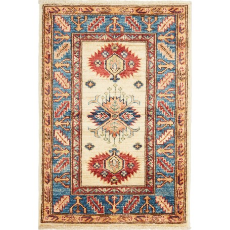 Tappeto Kazak Fine Pakistan Astratto Crema Blu Rosso Ocra 62