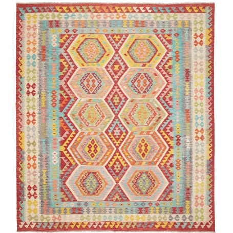 Tappeto Kilim Afghanistan Astratto Rosso Arancio Blu Celeste