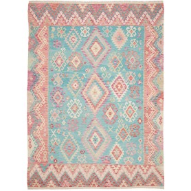 Tappeto Kilim Afghanistan Geometrico Azzurro Corallo Bianco