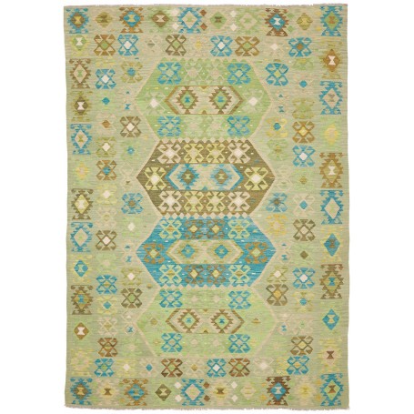 Tappeto Kilim Afghanistan Geometrico Verde Acqua Celeste Mar