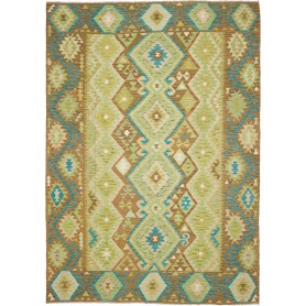 Tappeto Kilim Afghanistan Tribale Verde Marrone Turchese Bei