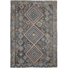 Tappeto Kilim Afghanistan Astratto Grigio Antracite Nero Blu