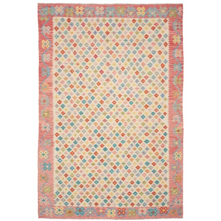 Tappeto Kilim Afghanistan Geometrico Crema Corallo Multicolo