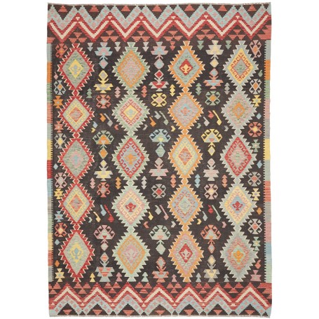 Tappeto Kilim Afghanistan Astratto Marrone Scuro Rosso Blu A