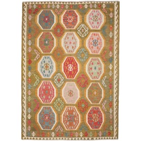 Tappeto Kilim Afghanistan Astratto Verde Oliva Ocra Rosso Co