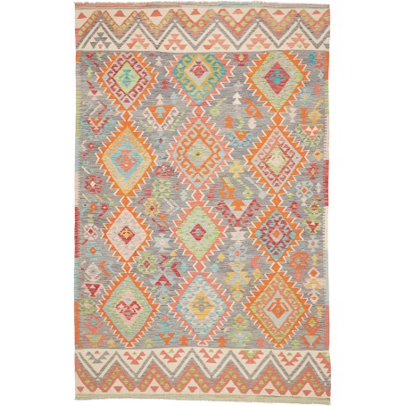 Tappeto Kilim Afghanistan Astratto Grigio Arancione Corallo