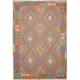 Tappeto Kilim Afghanistan Astratto Verde Grigio Rosso Giallo