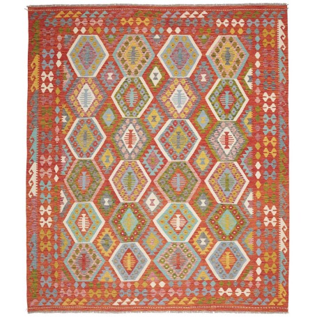 Tappeto Kilim Afghanistan Astratto Rosso Arancio Azzurro Gia