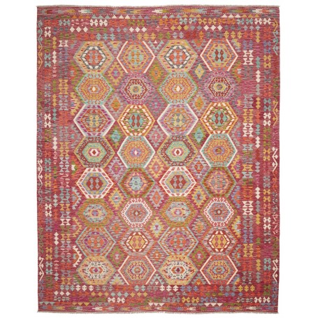 Tappeto Kilim Afghanistan Astratto Rosso Magenta Giallo Ocra