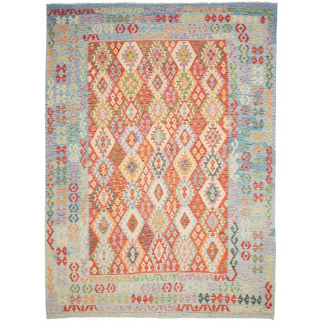 Tappeto Kilim Afghanistan Geometrico Azzurro Corallo Rosso A