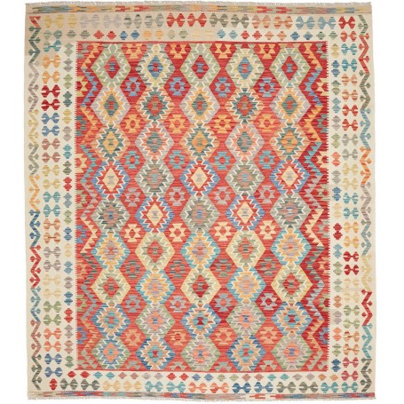 Tappeto Kilim Afghanistan Geometrico Rosso Crema Blu Verde G