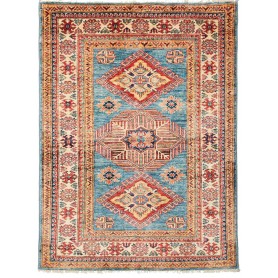 Tappeto Kazak Fine Pakistan Astratto Blu Turchese Rosso Scar
