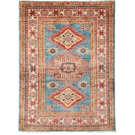 Tappeto Kazak Fine Pakistan Astratto Blu Turchese Rosso Scar