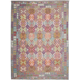Tappeto Kilim Afghanistan Geometrico Grigio Blu Rosa Fucsia