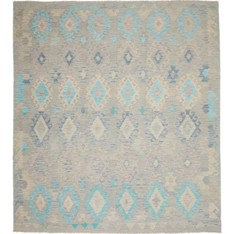 Tappeto Kilim Afghanistan Geometrico Grigio Chiaro Beige Blu