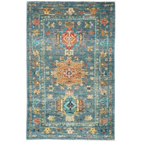 Tappeto Tribal Pakistan Astratto Blu Petrolio Arancio Brucia