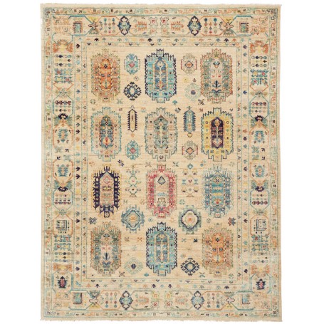 Tappeto Tribal Pakistan Cornice Beige Crema Blu Turchese Ros