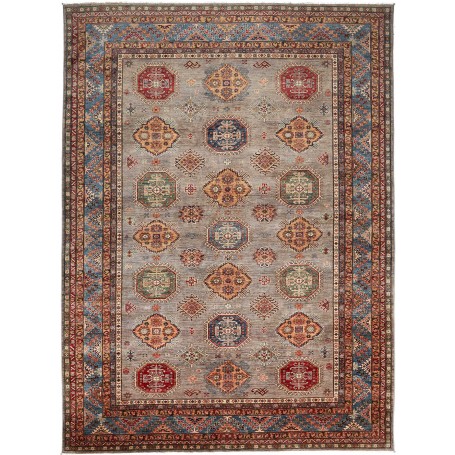 Tappeto Kazak Fine Pakistan Astratto Grigio Beige Blu Rosso