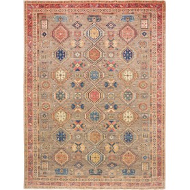 Tappeto Tribal Pakistan Cornice Grigio Tortora Rosso Terraco