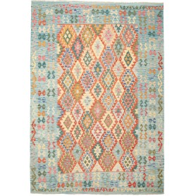 Tappeto Kilim Afghanistan Geometrico Azzurro Terracotta Rosa
