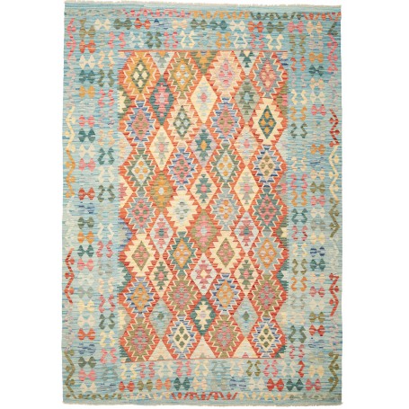 Tappeto Kilim Afghanistan Geometrico Azzurro Terracotta Rosa