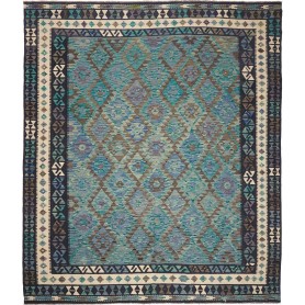 Tappeto Kilim Afghanistan Geometrico Verdeacqua Blu Crema In