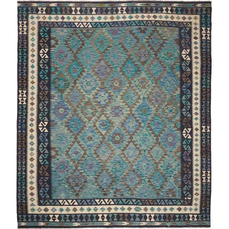 Tappeto Kilim Afghanistan Geometrico Verdeacqua Blu Crema In
