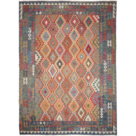 Tappeto Kilim Afghanistan Astratto Blu Rosso Arancione Beige