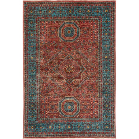 Tappeto Mamlouk Pakistan Geometrico Rosso Teale Giallo 124x1