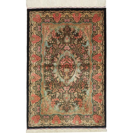 Tappeto Ghom Seta Persia Floreale Nero Rosa Corallo Turchese