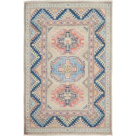 Tappeto Kazak Afghanistan Astratto Beige Grigio Chiaro Blu N