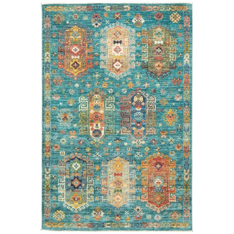 Tappeto Tribal Pakistan Astratto Turchese Rosso Arancio Gial