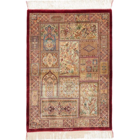 Tappeto Ghom Seta Persia Astratto Rosso Bordeaux Crema Oro B