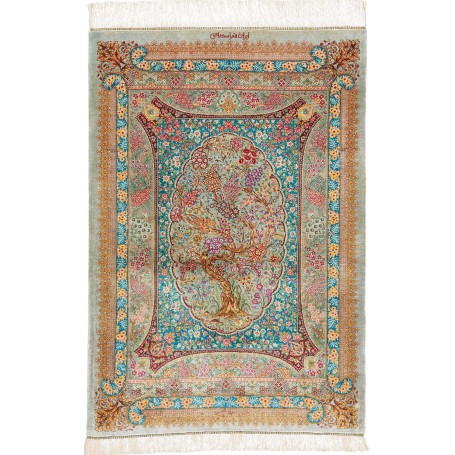 Tappeto Ghom Seta Persia Floreale Verde Acqua Verde Salvia R