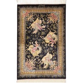 Tappeto Ghom Seta Persia Floreale Nero Oro Beige Rosa Rosso