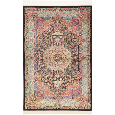 Tappeto Ghom Seta Persia Floreale Nero Rosa Cipria Azzurro M