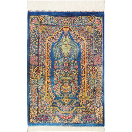 Tappeto Ghom Seta Persia Floreale Blu Zaffiro Oro Rosa Verde