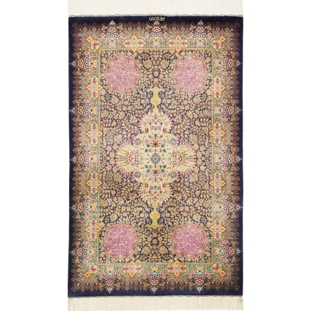 Tappeto Ghom Seta Persia Floreale Blu Notte Oro Rosa 78x128