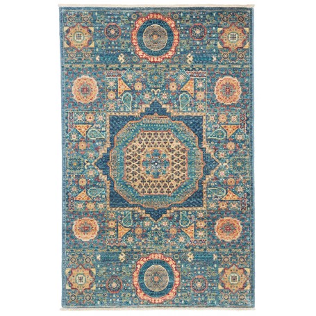 Tappeto Mamlouk Pakistan Medaglione Blu Ottanio Arancione Br