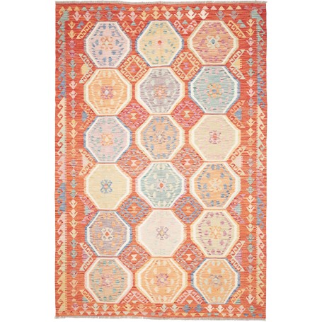 Tappeto Kilim Afghanistan Astratto Terracotta Arancio Blu Gi