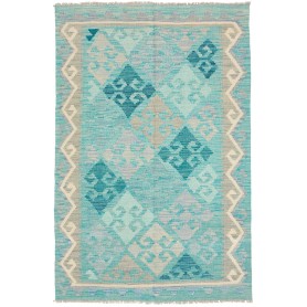 Tappeto Kilim Afghanistan Astratto Turchese Blu Grigio Bianc