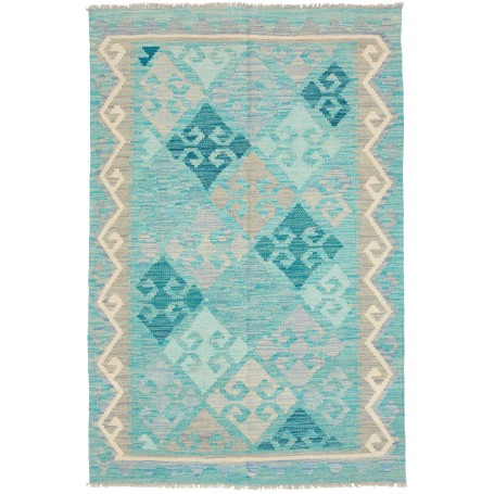 Tappeto Kilim Afghanistan Astratto Turchese Blu Grigio Bianc
