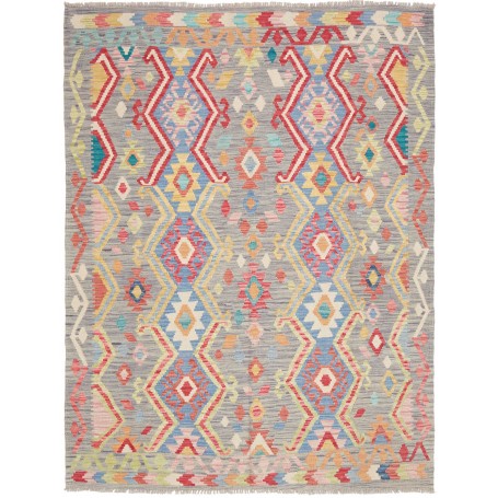Tappeto Kilim Afghanistan Geometrico Grigio Rosso Blu Giallo