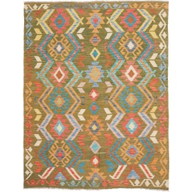 Tappeto Kilim Afghanistan Astratto Verde Oliva Corallo Rosa