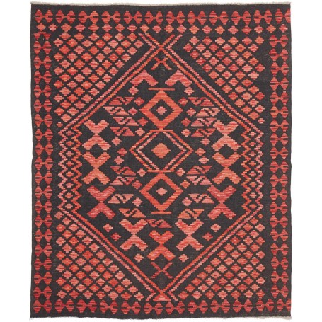 Tappeto Kilim Afghanistan Geometrico Carbone Rosso Corallo 1
